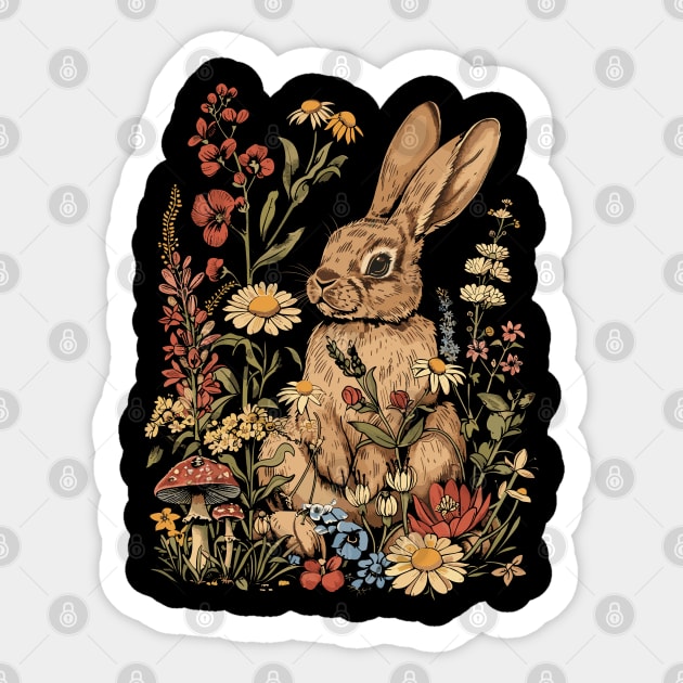 Cottagecore Rabbit Wild Mushroom Spring Flowers Fungus Garden Rabbit Lover Sticker by RetroZin